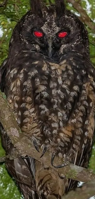 Mysterious owl with red eyes perched on a branch with dark feathers.