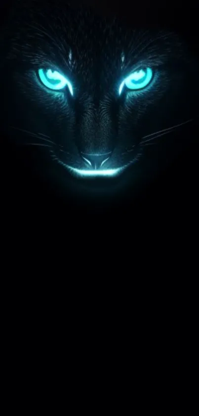 Panther with glowing cyan eyes against a dark background.