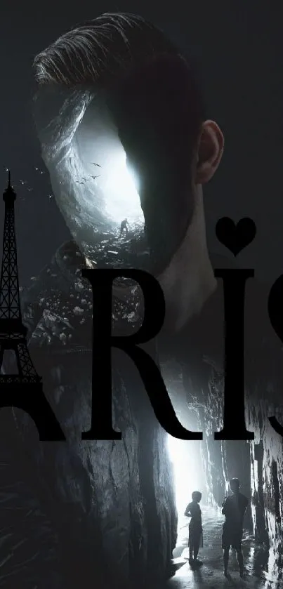 Mysterious Paris-themed wallpaper with dark surreal elements.