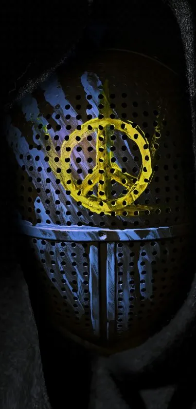 Hooded figure with peace sign mask on dark wallpaper.