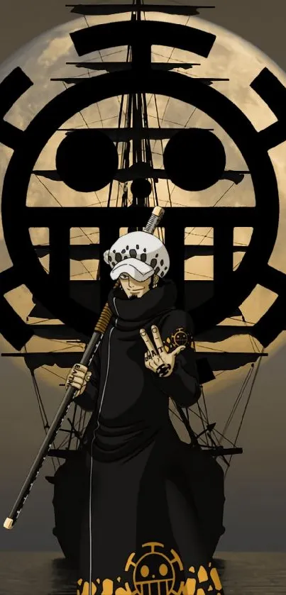 Pirate anime character with ship silhouette on dark background.