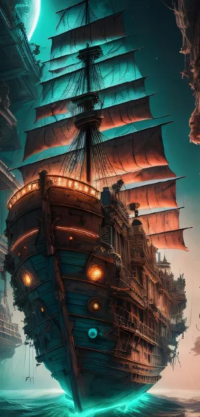 Mysterious neon-lit pirate ship sails through a moonlit cavern.