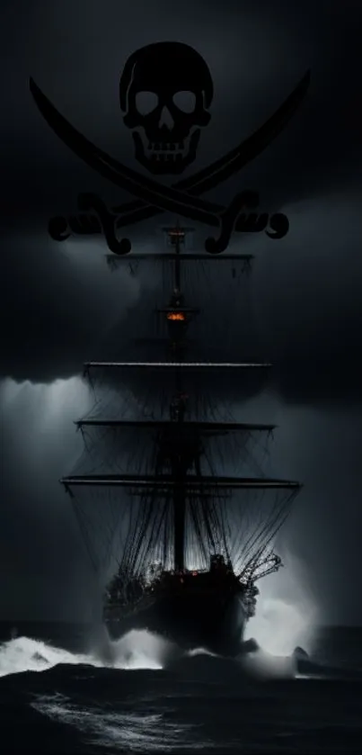 Pirate ship with skull on stormy ocean wallpaper.