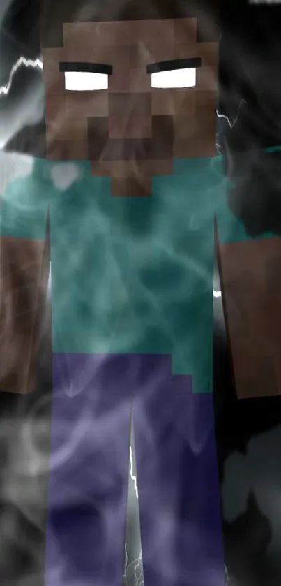 Mysterious pixel art character with teal shirt and dark background.