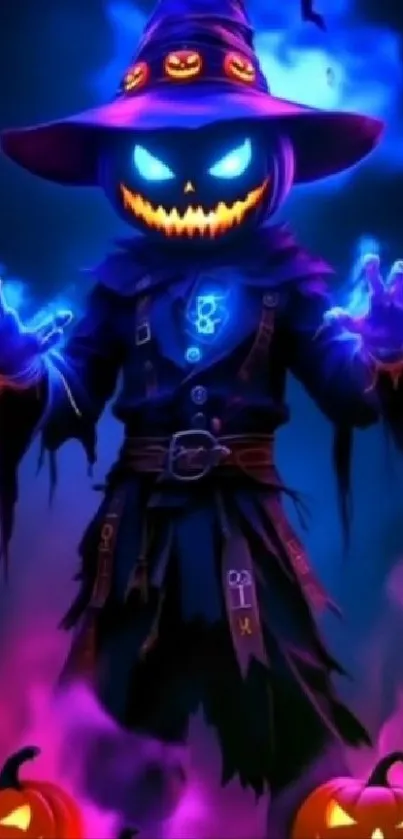 Mystical pumpkin wizard with glowing effects on Halloween-themed wallpaper.