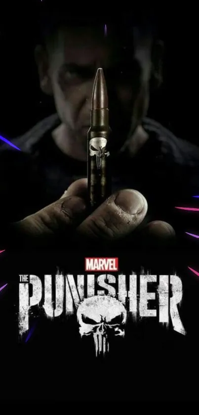 Dark Punisher wallpaper with bullet and logo, perfect for mobile background.