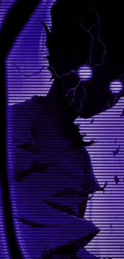 Mysterious anime silhouette with purple glow and glowing eyes.