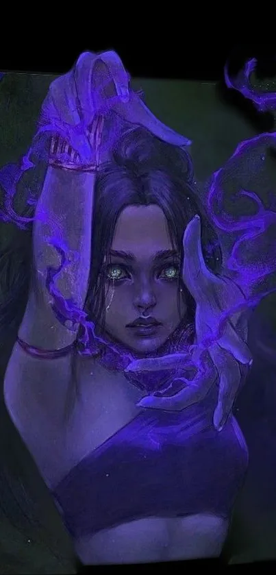 Mysterious woman with glowing purple aura in digital art wallpaper.