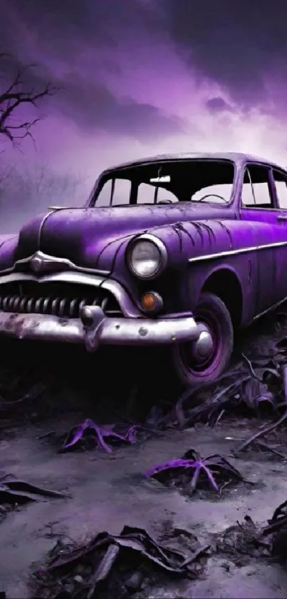 Vintage purple car in a misty dark landscape with eerie atmosphere.