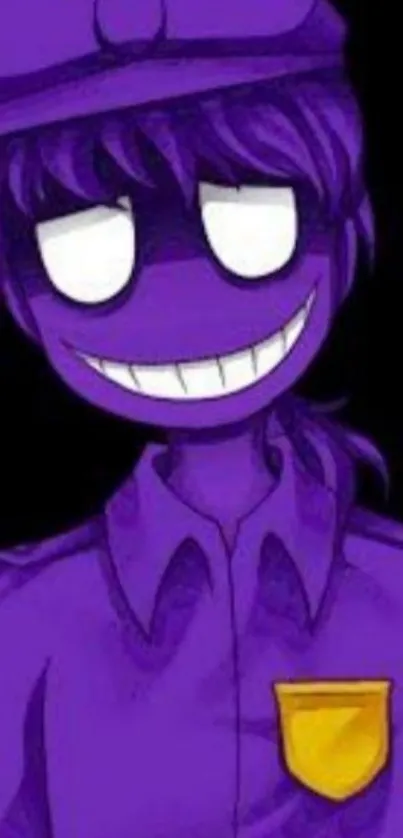 Vibrant purple cartoon character with mischievous smile.