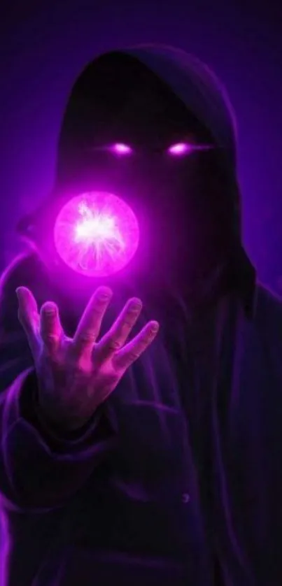 Hooded figure with a glowing purple orb in hand, exuding mystery and magic.