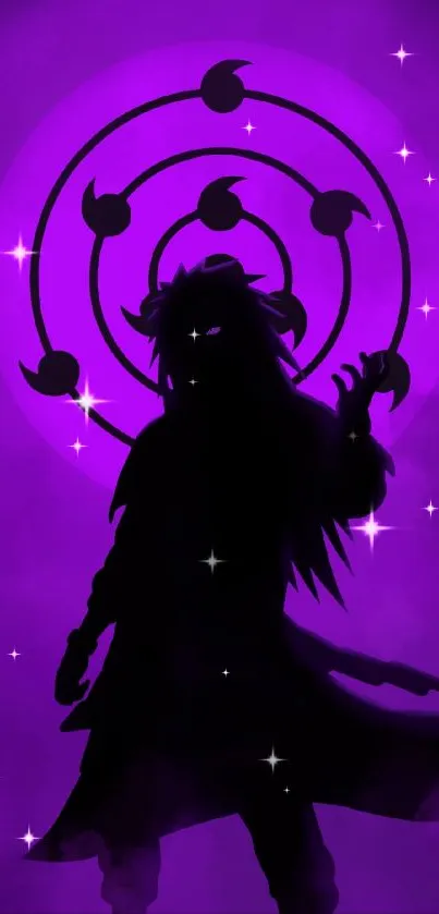 Silhouette of a figure against a bright purple galaxy background with stars.