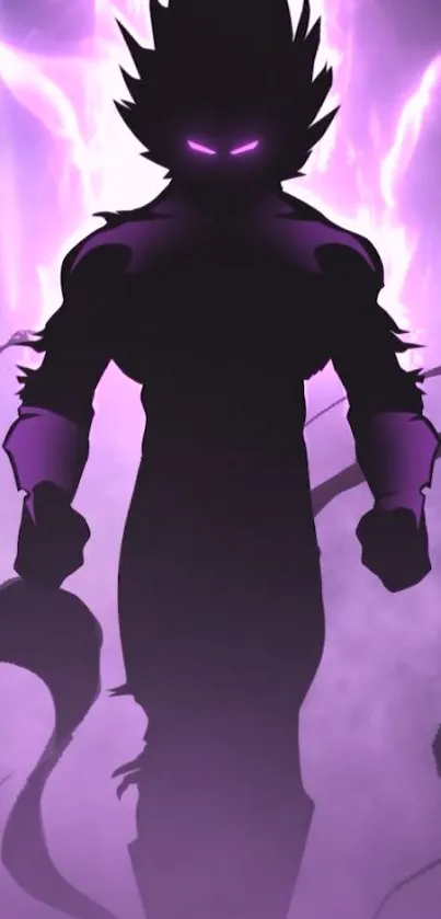 Mysterious purple silhouette with glowing eyes on a dark background.