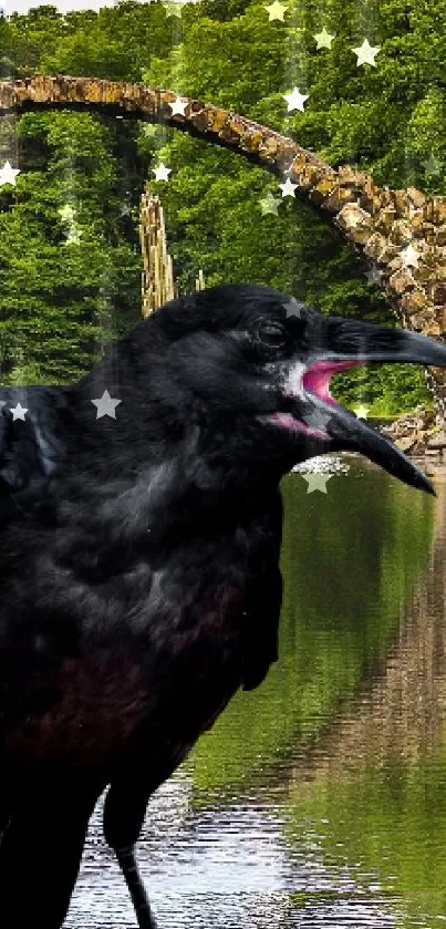 Raven on a branch by a stone bridge with lush green trees.