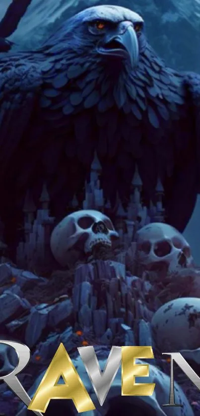 Powerful raven perched over skulls in a dark, mystical setting.