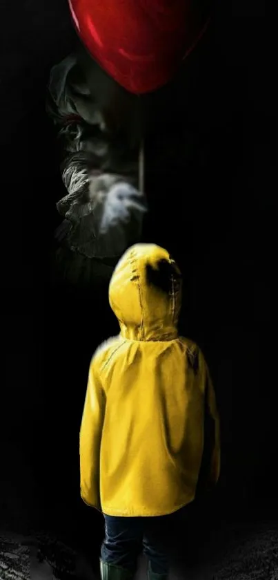 Child in yellow coat faces a mysterious figure with red balloon.