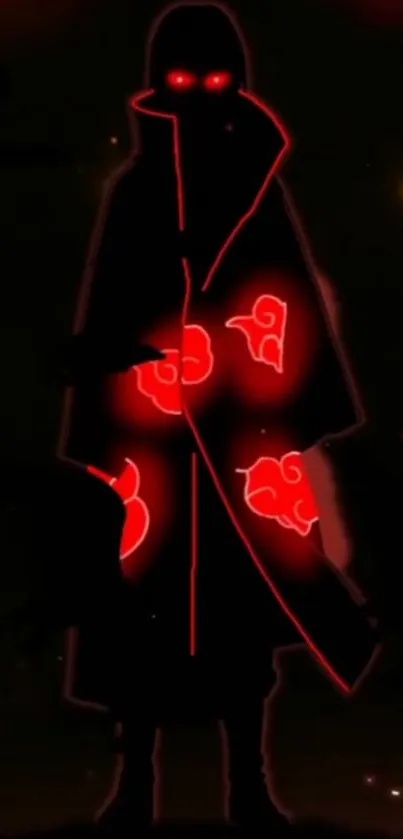 Silhouette of red-cloaked mysterious figure with glowing red eyes on a dark background.