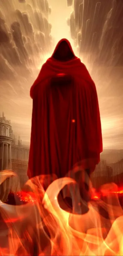 Red-cloaked figure with flames and cityscape background.