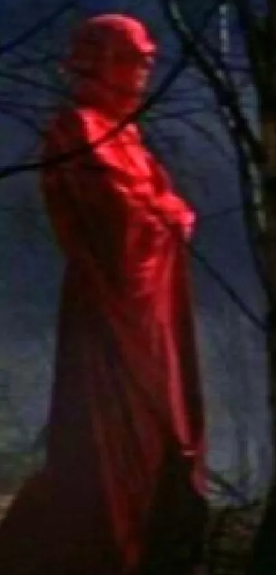 A red-cloaked figure stands mysteriously in a dark forest landscape.