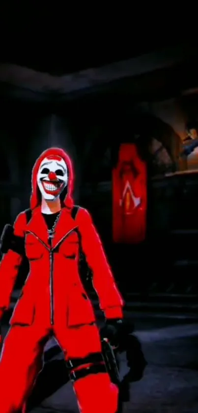 Masked character in red suit stands boldly in dark setting.