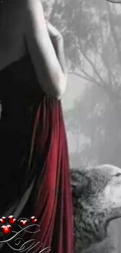 A woman in a red dress stands next to a wolf in a misty forest.