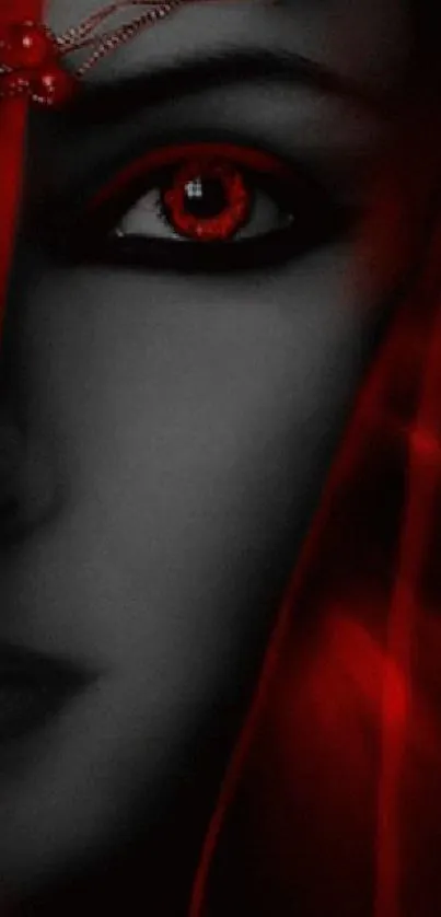 Mysterious face with striking red eye in artistic dark background.