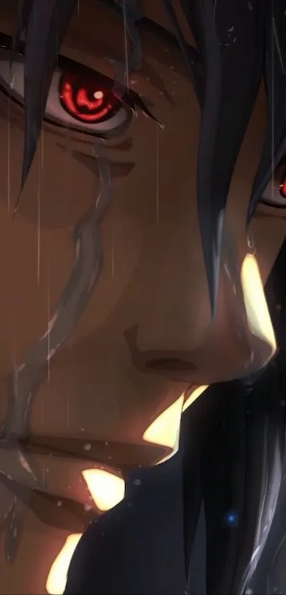Anime character with striking red eyes and dark theme.