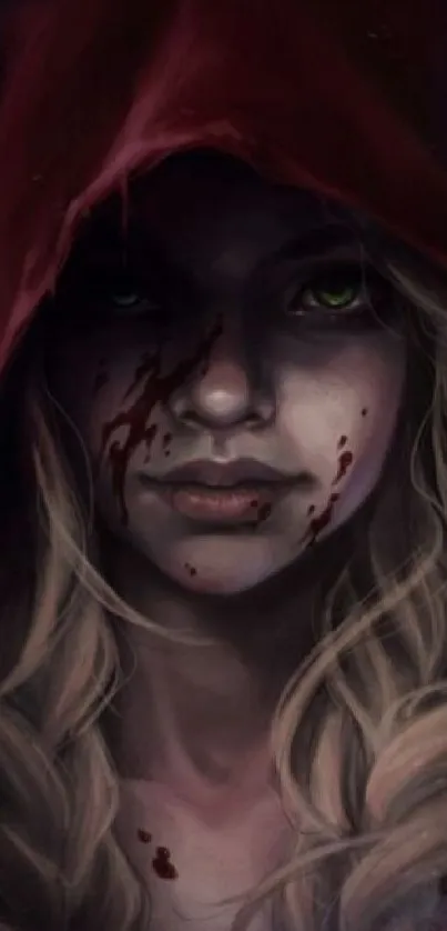 Illustration of a mysterious woman with a red hood and green eyes in atmospheric lighting.