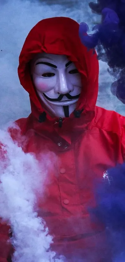 Masked figure in a red hood with blue and white smoke.
