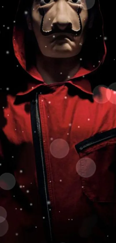 Red-hooded figure with bokeh lights on a dark background.