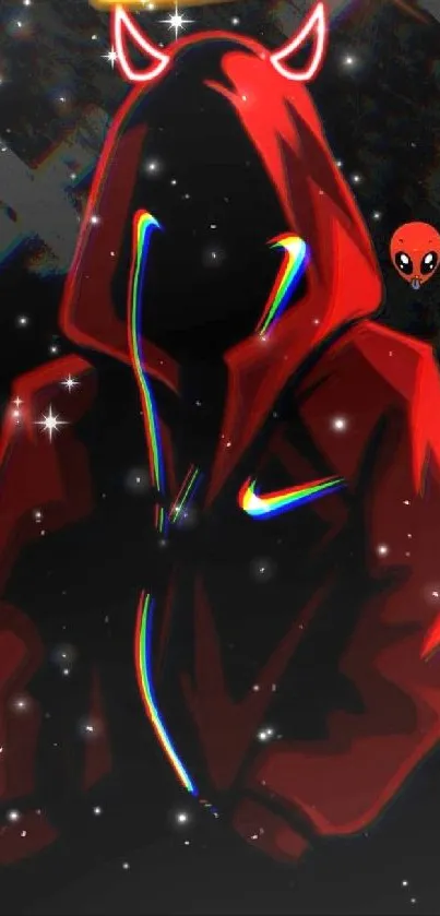 Mysterious red hooded figure with glowing celestial elements.