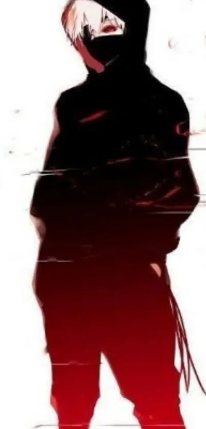 Silhouette of a hooded figure with red highlights.