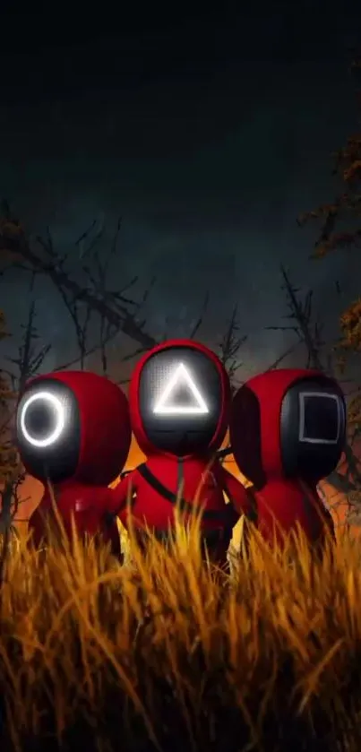 Red hooded figures with geometric faces in a dark scene background.