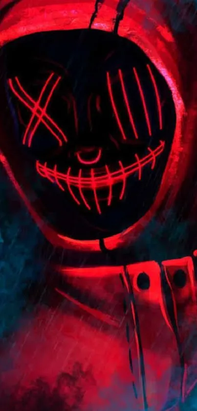 Red hooded figure with neon smile in abstract wallpaper.