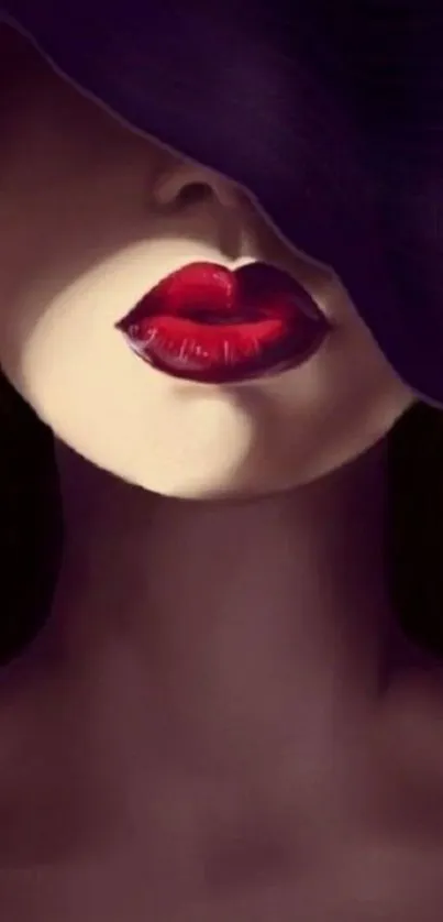 Mysterious artwork with red lips under a dark hat.