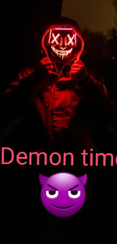 Mysterious glowing red mask in the darkness with the text 'Demon time'.