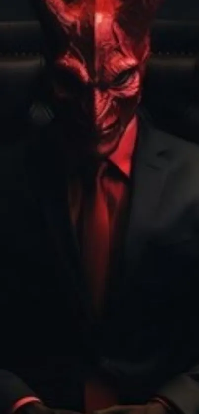 Dark red masked figure in a suit creating an enigmatic ambience.