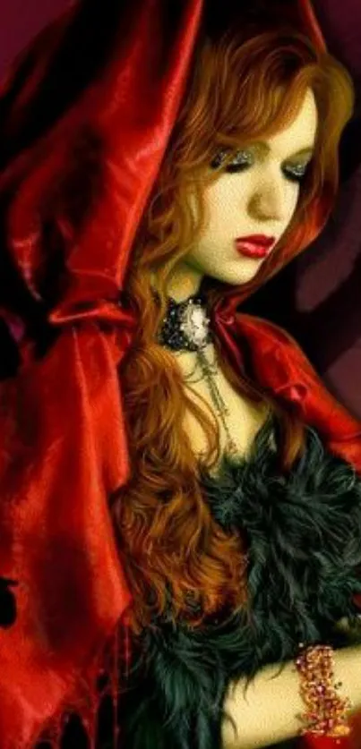 Artistic wallpaper of a mysterious person in red hooded cloak with dark forest background.