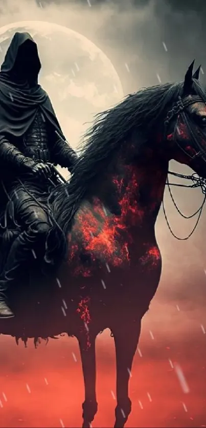 Hooded rider on fiery horse beneath the moon.