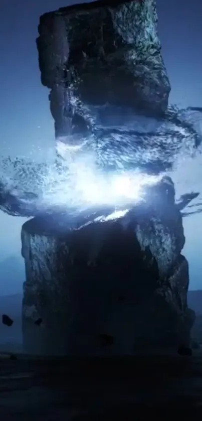 Mysterious rock with swirling blue mist in a dark fantasy setting.