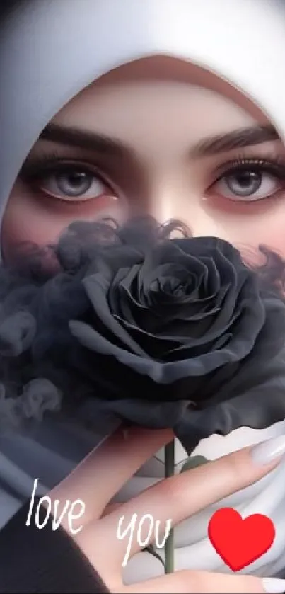 Mysterious woman holding black rose with love sentiment.