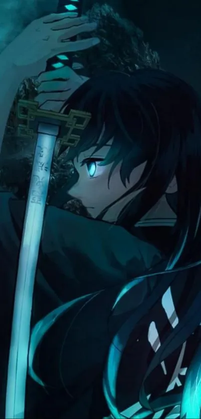 Mysterious anime samurai with glowing blue elements.