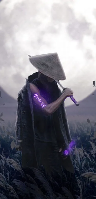 Samurai stands in moonlit field under full moon.