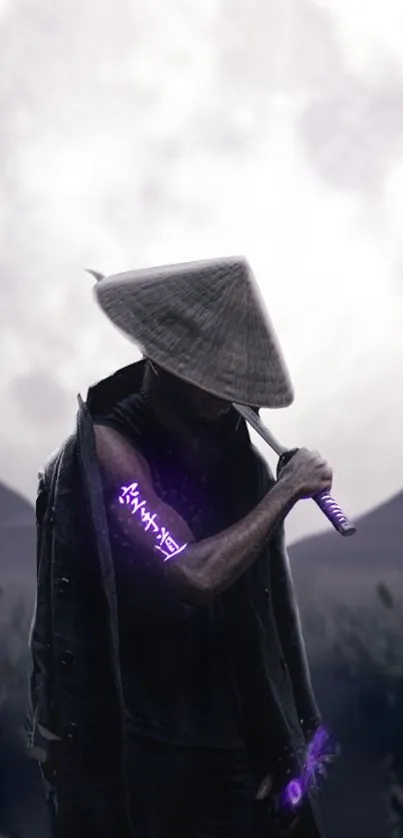 Mysterious samurai with moon in background and glowing purple elements.