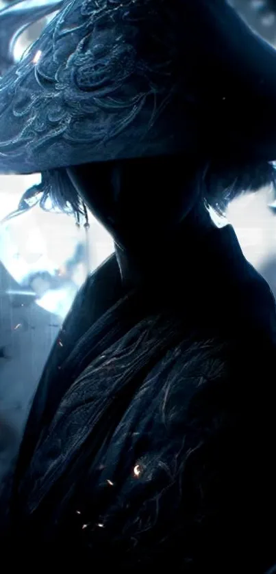 Mysterious dark silhouette of a samurai warrior in intricate design.