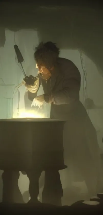 Mysterious scientist working in dimly lit laboratory.