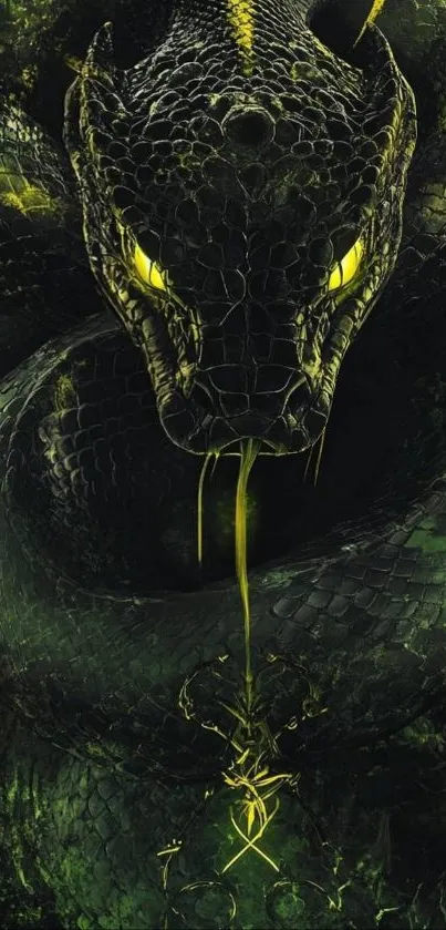 Mysterious dark snake with glowing yellow eyes.