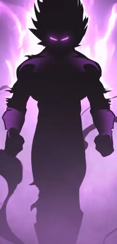 Silhouette of a figure with glowing purple aura on a mobile wallpaper.