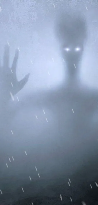 Eerie shadowy figure with glowing eyes in misty setting.