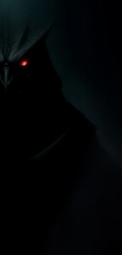 Dark figure with glowing red eyes in shadowy background wallpaper.